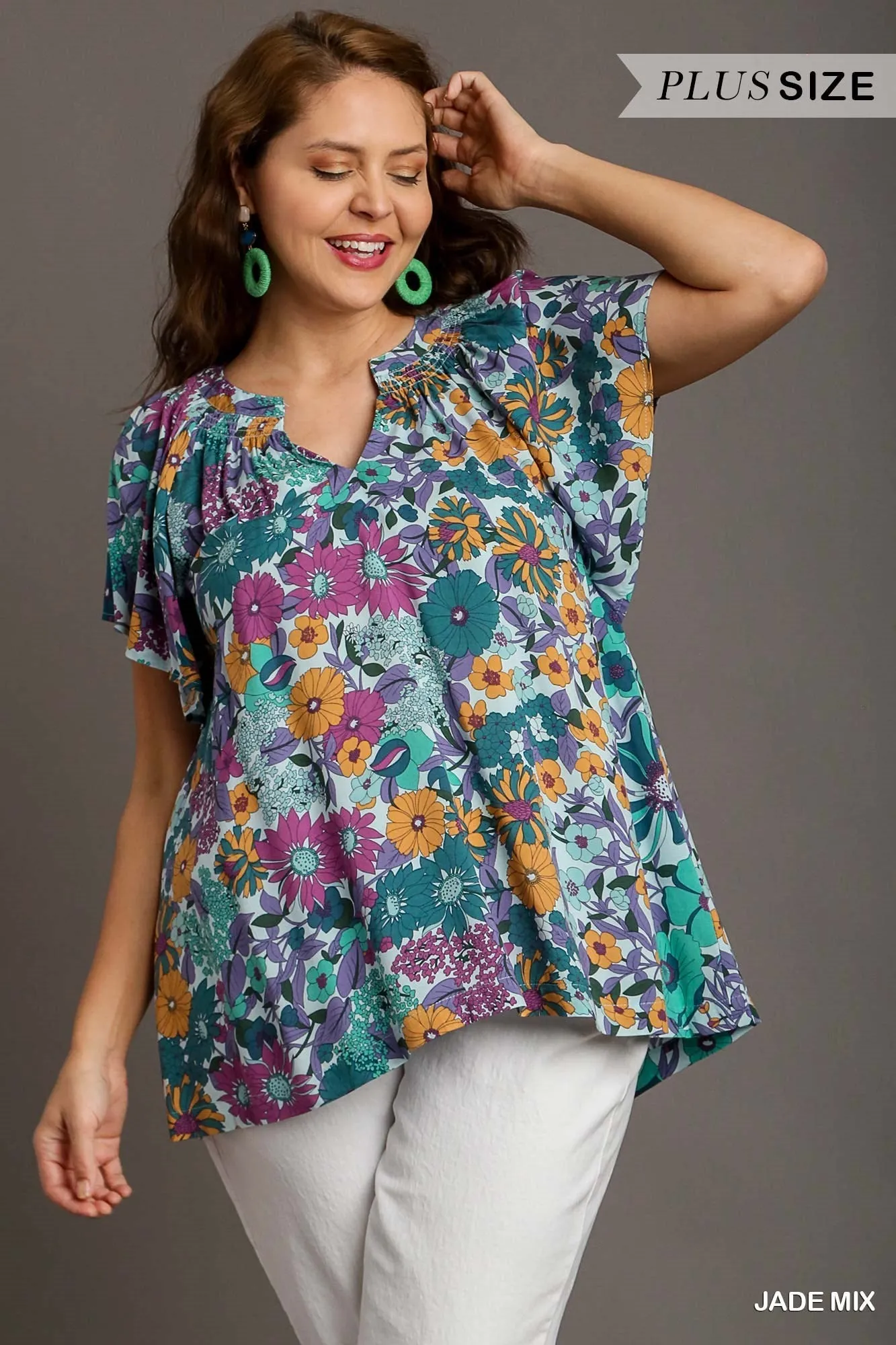 Floral Split Neck Top, Jade