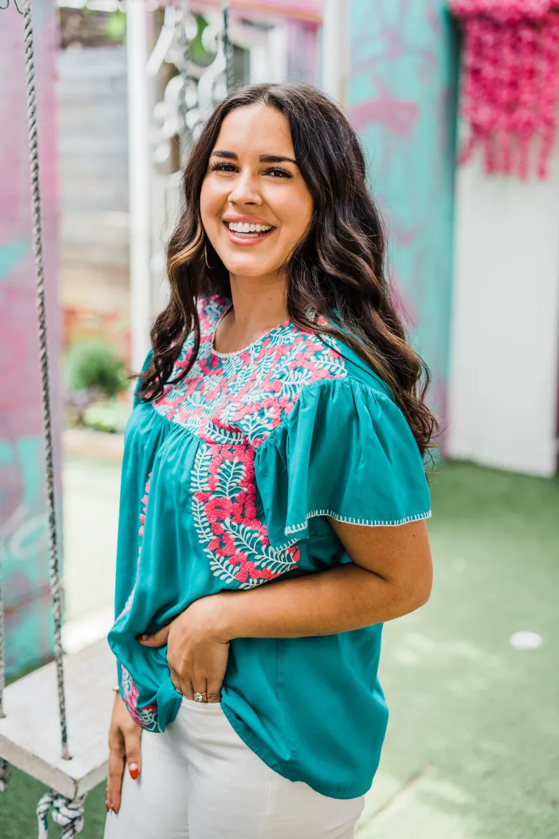 Flutter Sleeve Embroidered Top, Turquoise