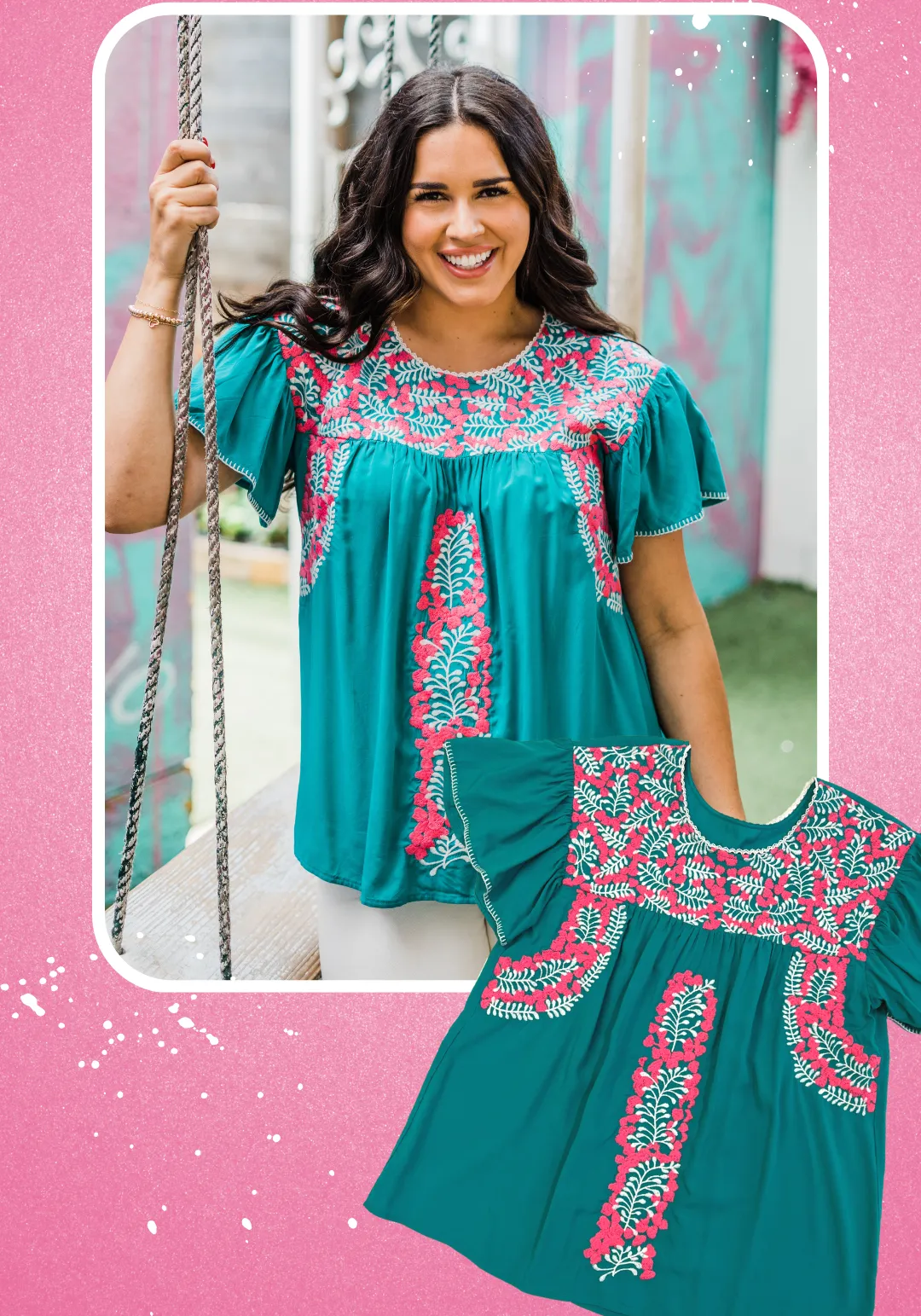 Flutter Sleeve Embroidered Top, Turquoise