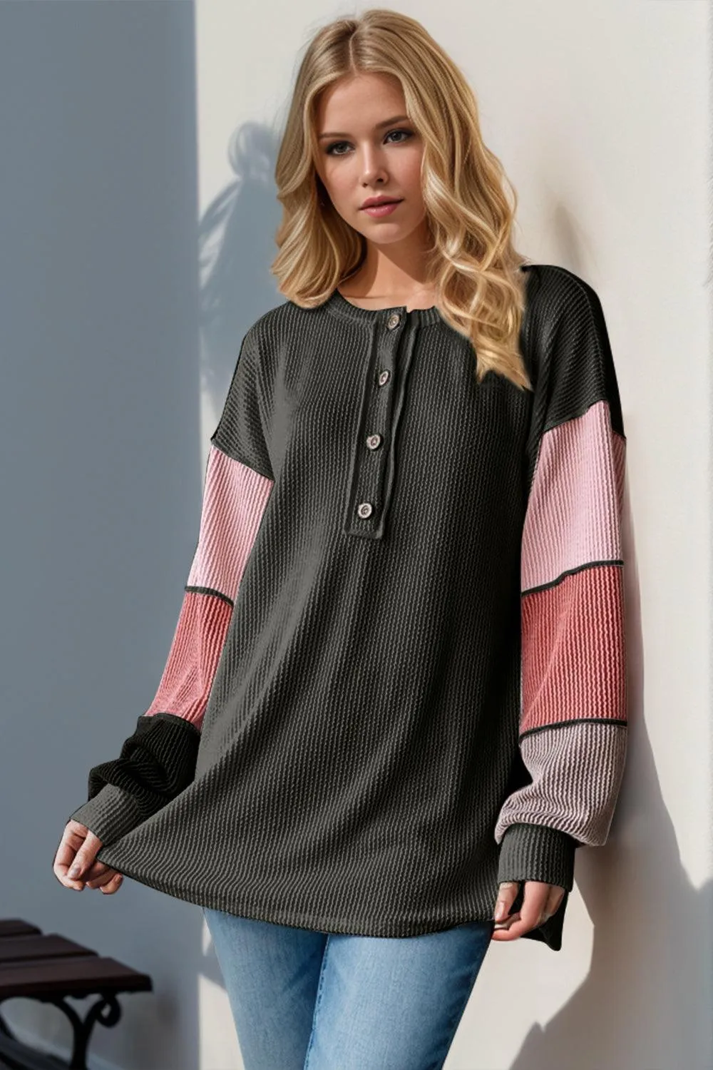 Full Size Color Block Round Neck Long Sleeve T-Shirt