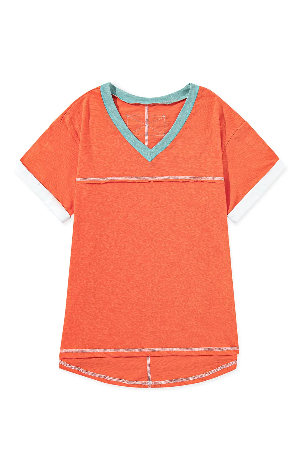 Grapefruit Orange Contrast Trim Exposed Seam V Neck T Shirt