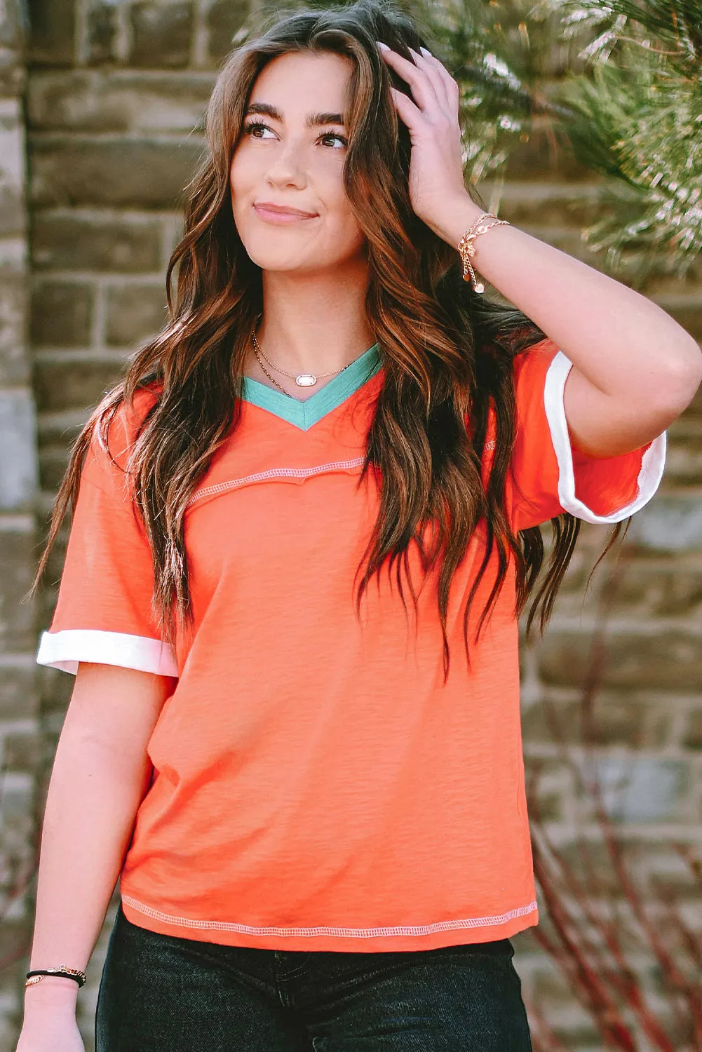 Grapefruit Orange Contrast Trim Exposed Seam V Neck T Shirt