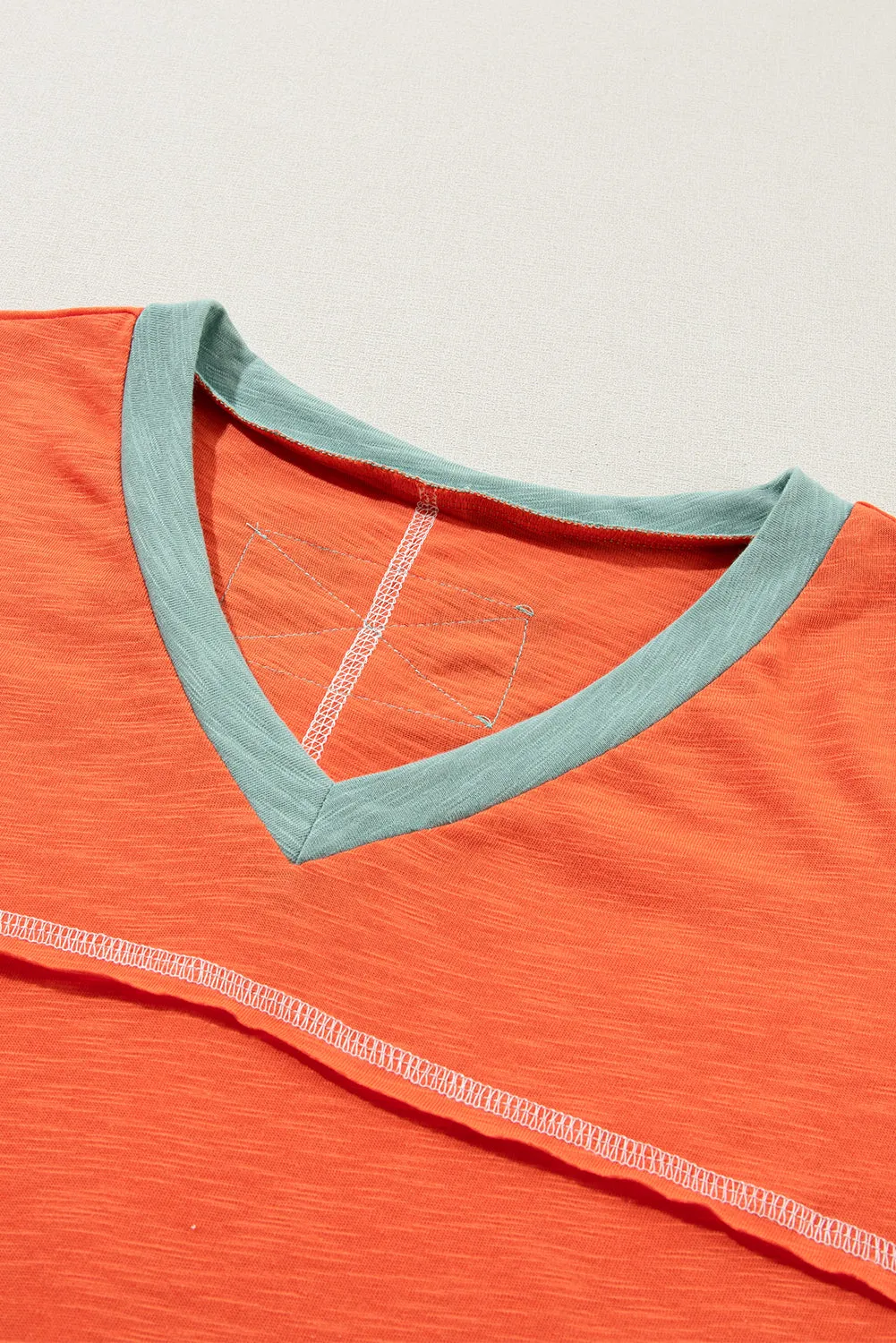 Grapefruit Orange Contrast Trim Exposed Seam V Neck T Shirt