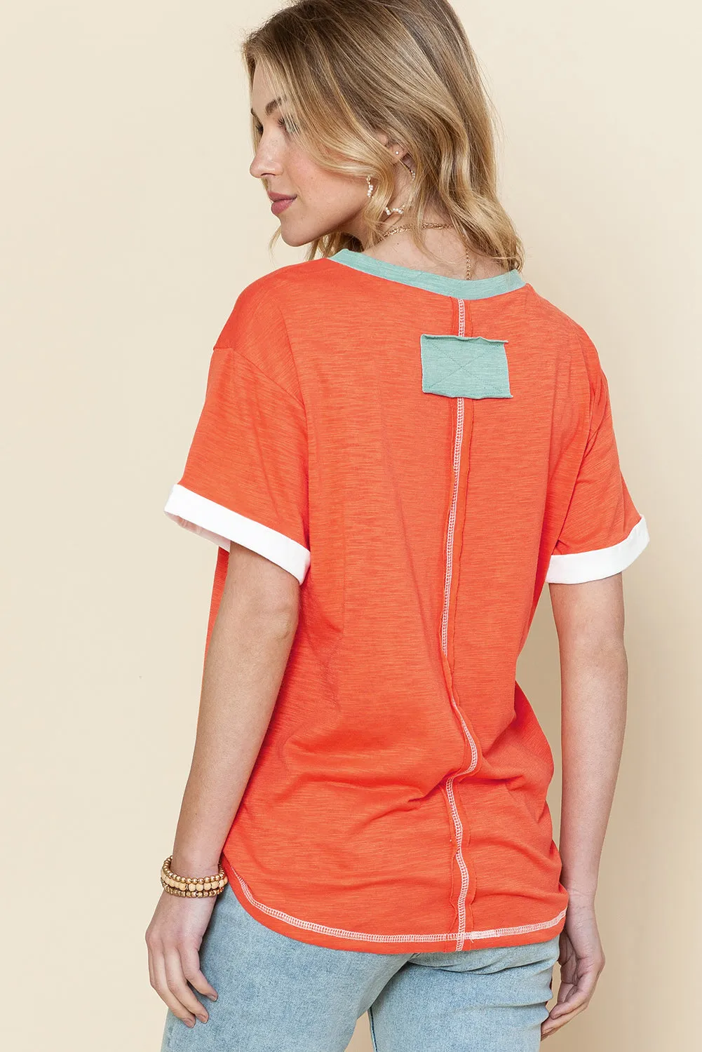 Grapefruit Orange Contrast Trim Exposed Seam V Neck T Shirt