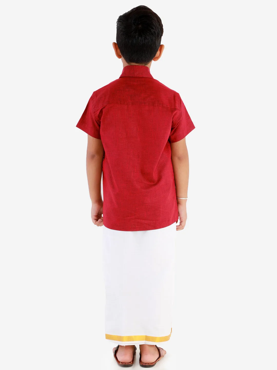 Jashvi Men's & Boys Maroon Solid Cotton Blend Half Sleeve Ethnic Shirt And Mundu Set