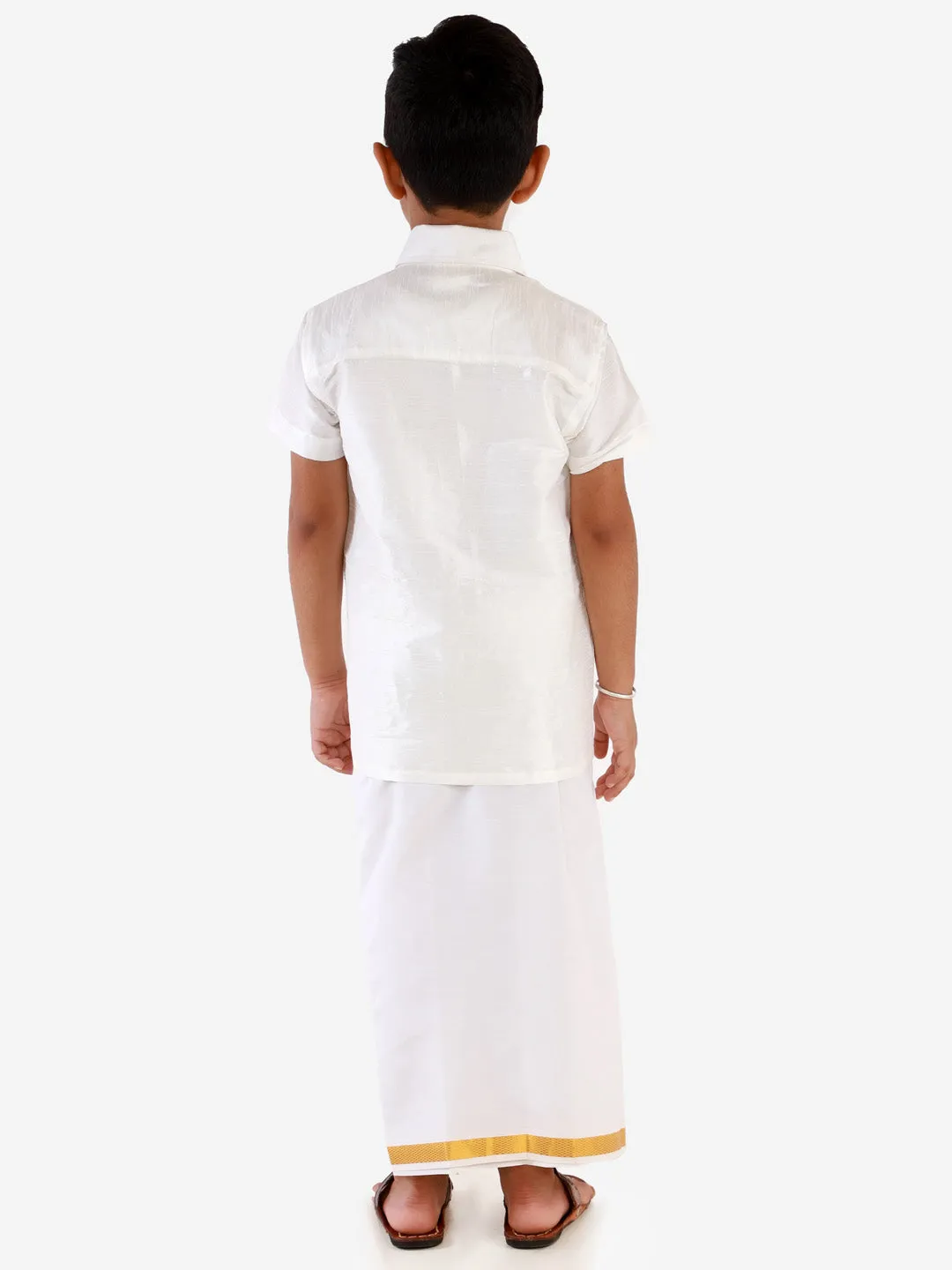 Jashvi Men's & Boys White Solid Silk Blend Half Sleeve Ethnic Shirt And Mundu Set