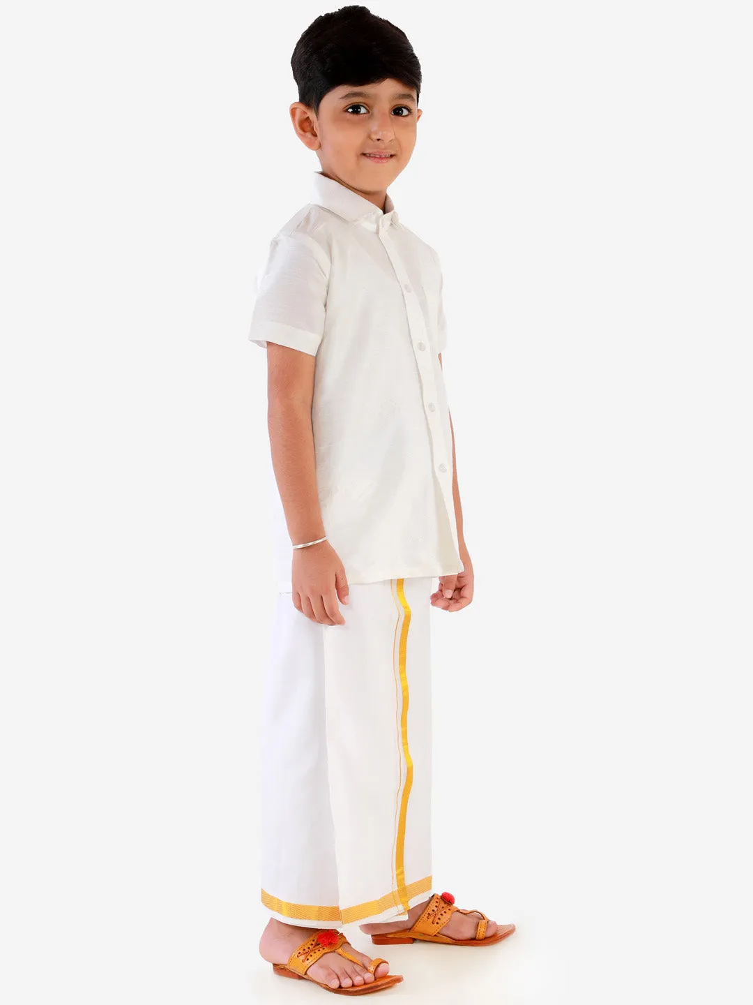 Jashvi Men's & Boys White Solid Silk Blend Half Sleeve Ethnic Shirt And Mundu Set