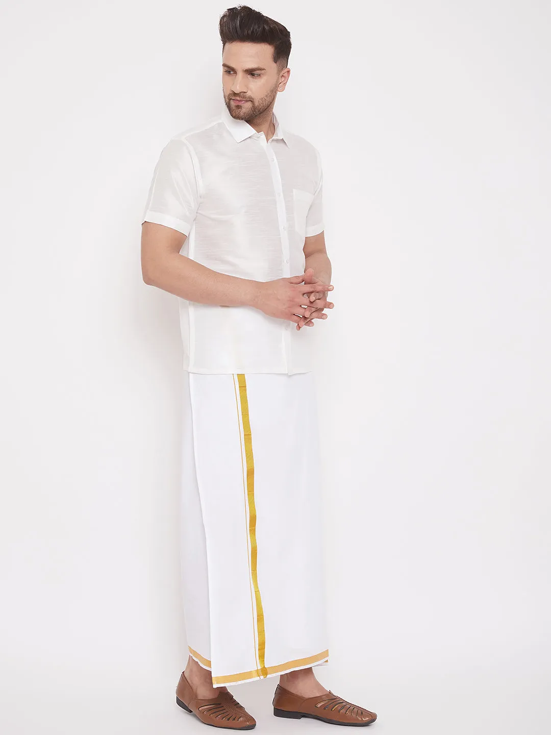 Jashvi Men's & Boys White Solid Silk Blend Half Sleeve Ethnic Shirt And Mundu Set