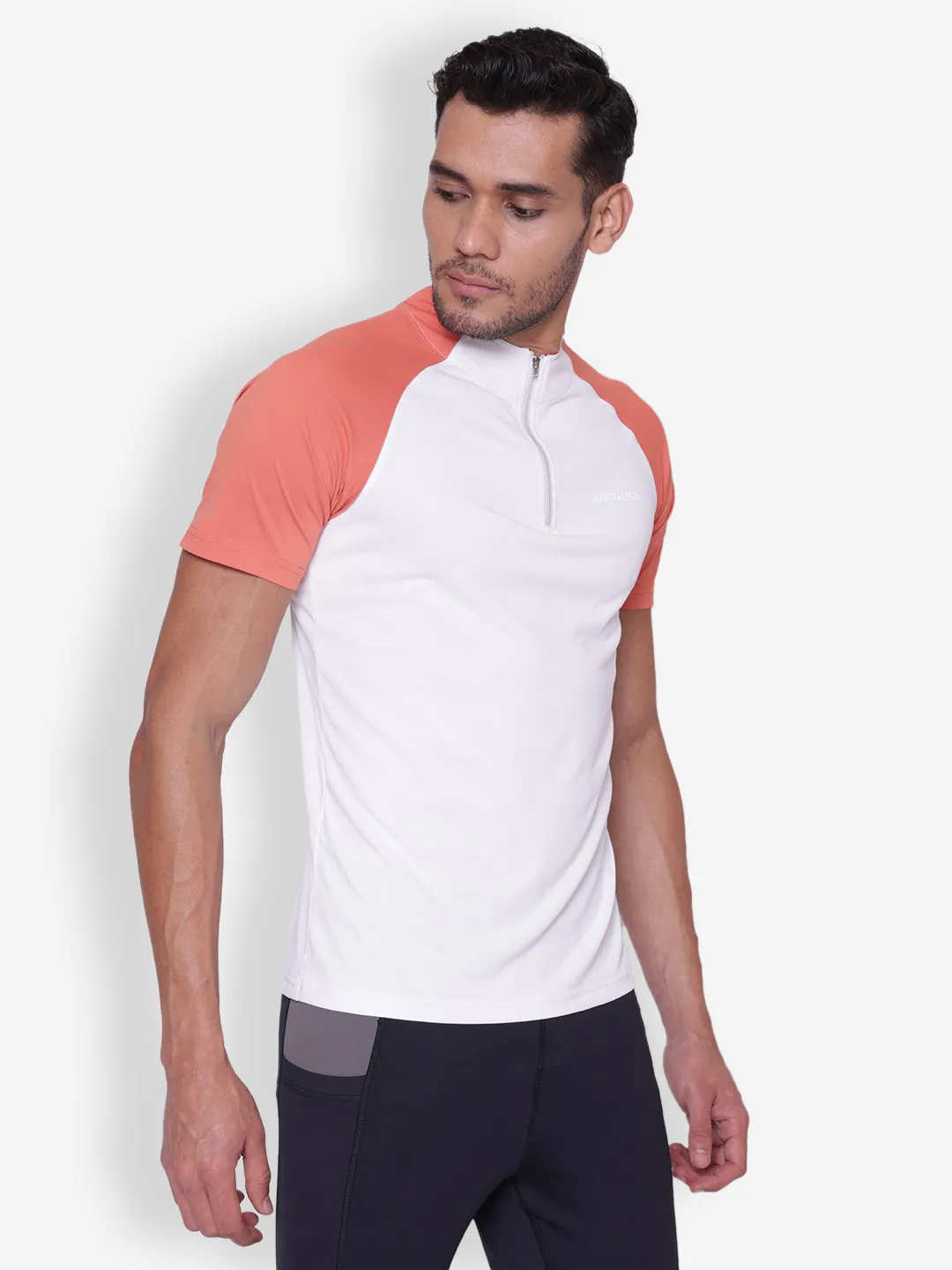 JUMP USA Mens White & Coral High Neck T-shirt