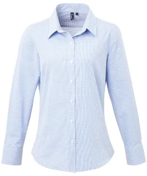 Light Blue/White - Women's Microcheck (Gingham) long sleeve cotton shirt