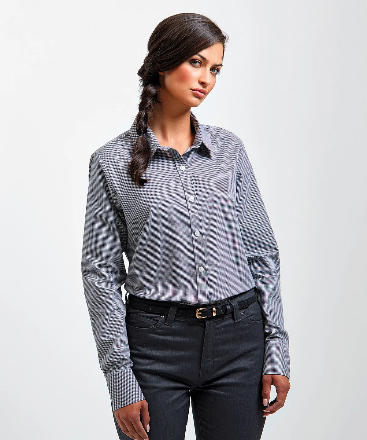 Light Blue/White - Women's Microcheck (Gingham) long sleeve cotton shirt