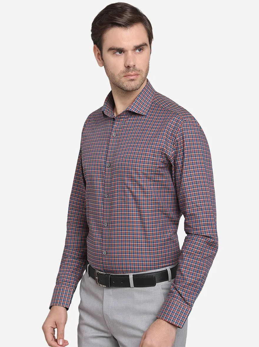 Light Orange & Blue Checked Slim Fit Formal Shirt  | JadeBlue