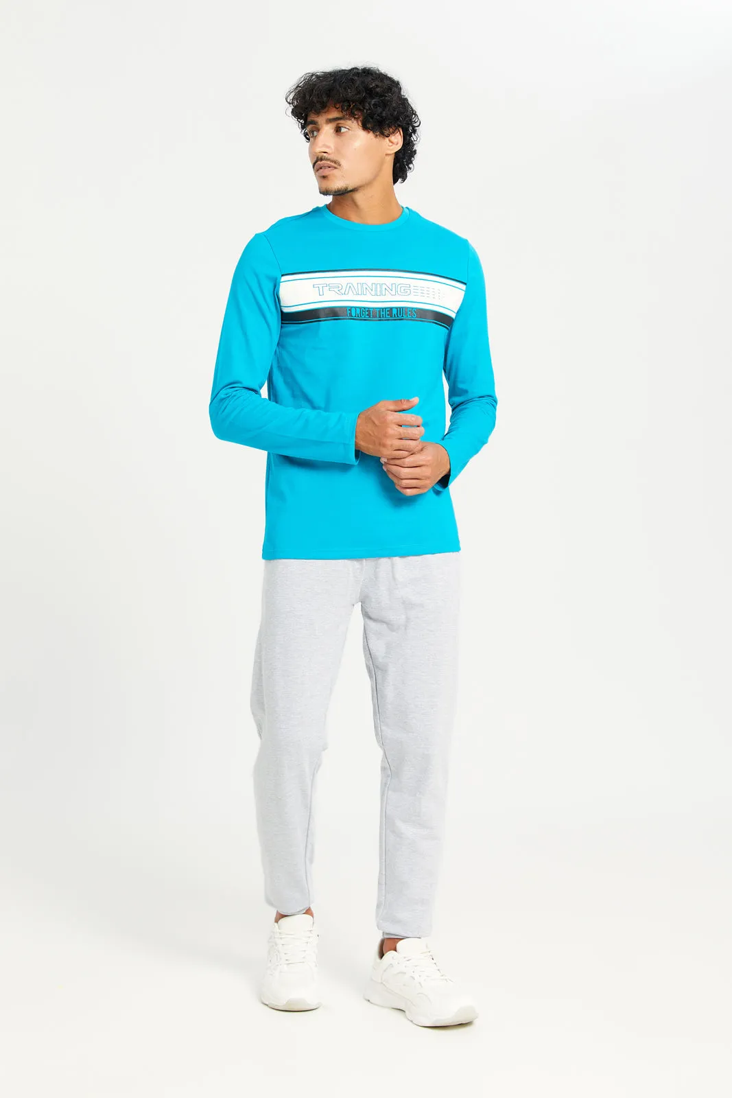 Men Teal Long Sleeve Printed T-Shirt