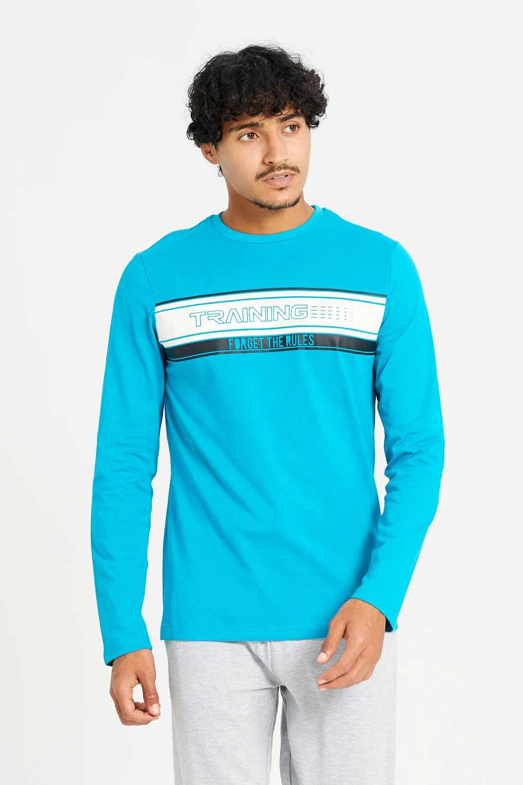 Men Teal Long Sleeve Printed T-Shirt