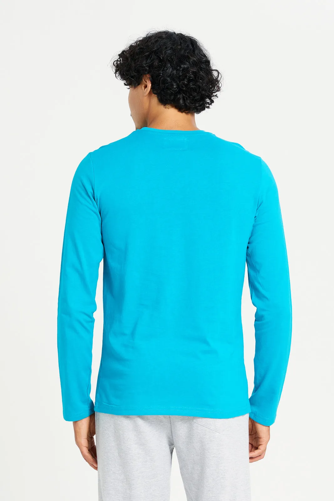 Men Teal Long Sleeve Printed T-Shirt