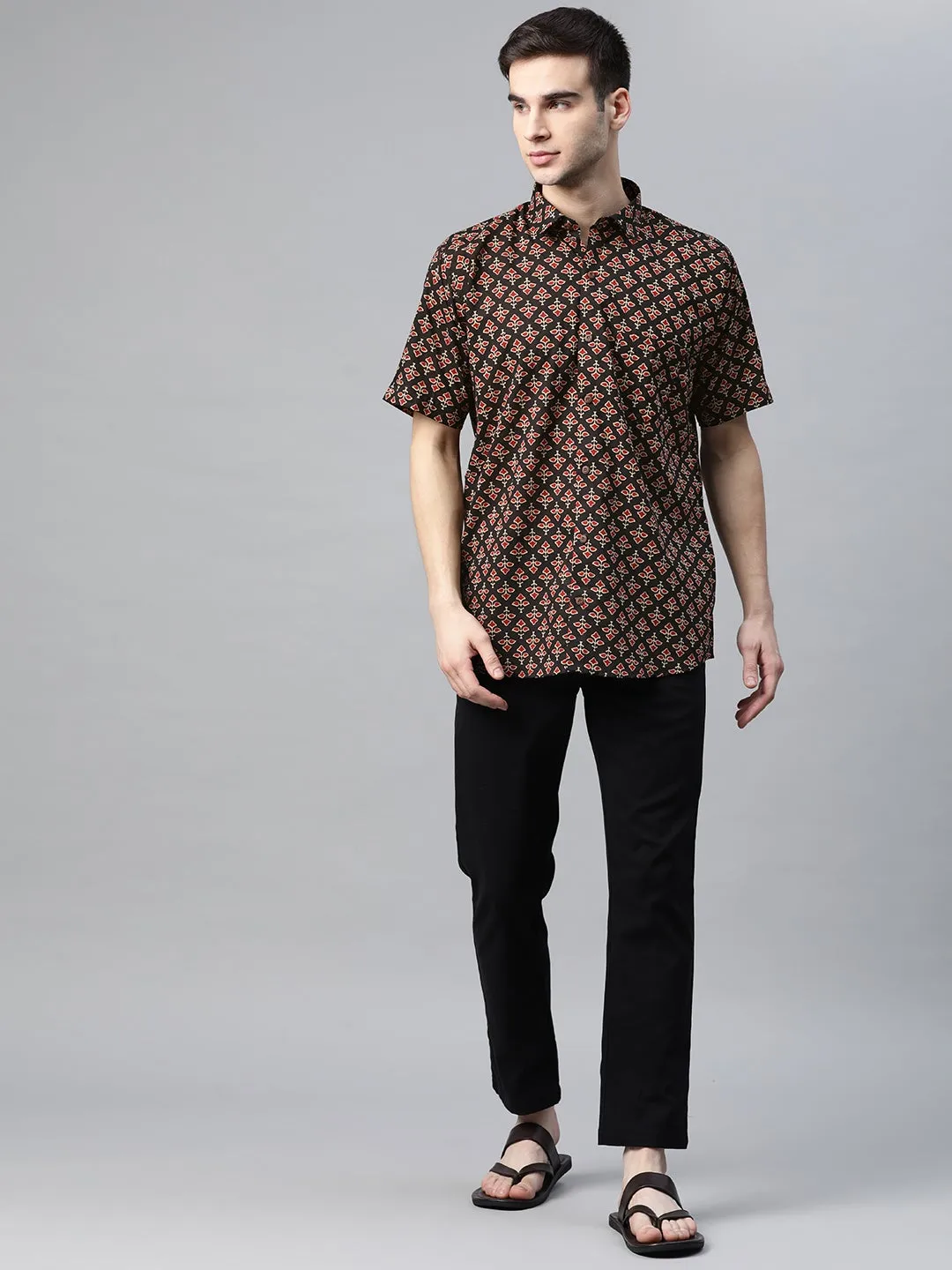 Men's Black Cotton Half Sleeves Shirt - Taantav