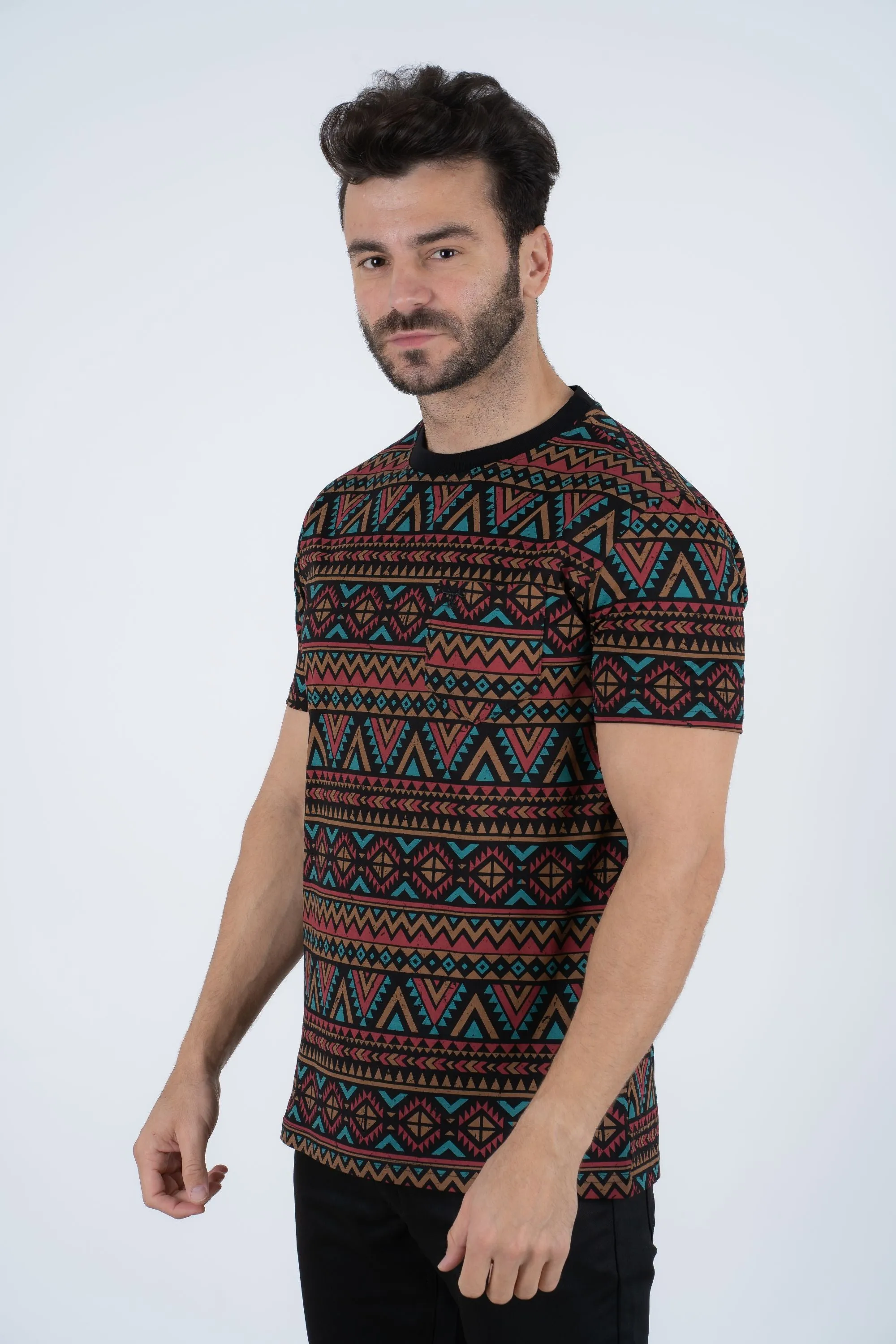 Men's Cotton Black Aztec Print T-shirt