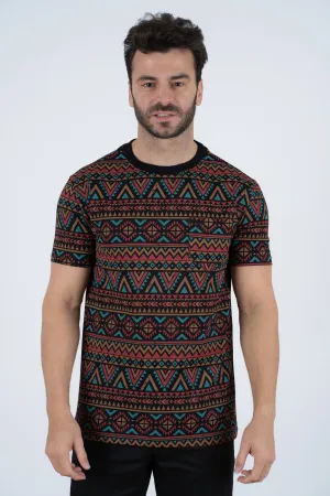 Men's Cotton Black Aztec Print T-shirt