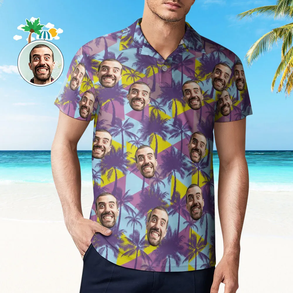 Men's Custom Face Polo Shirt Colorful Coconut Trees Personalised Hawaiian Golf Shirts