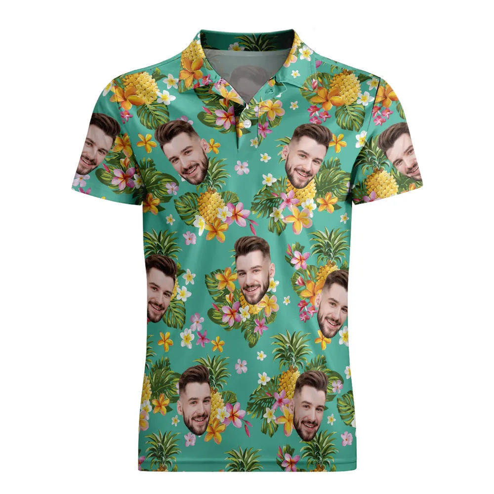 Men's Custom Face Polo Shirt Personalised Hawaiian Golf Shirts - Hawaiian Flowers and Pineapples