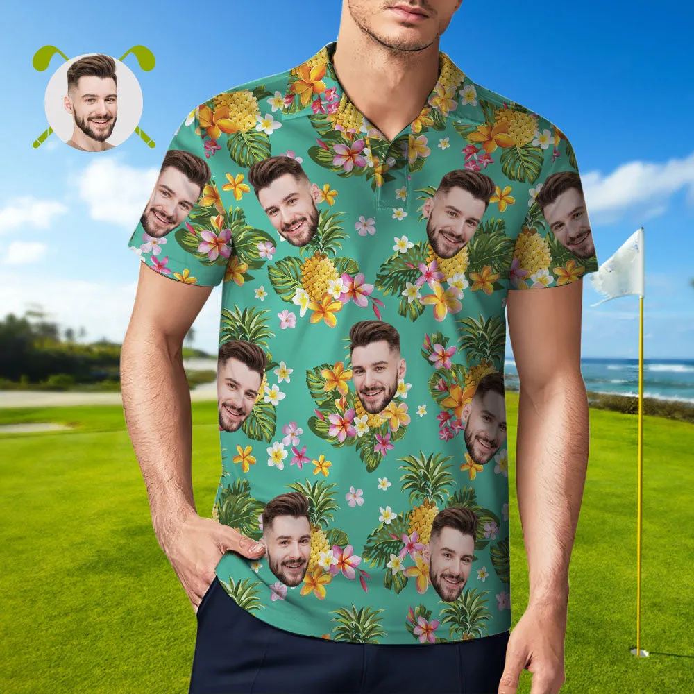 Men's Custom Face Polo Shirt Personalised Hawaiian Golf Shirts - Hawaiian Flowers and Pineapples