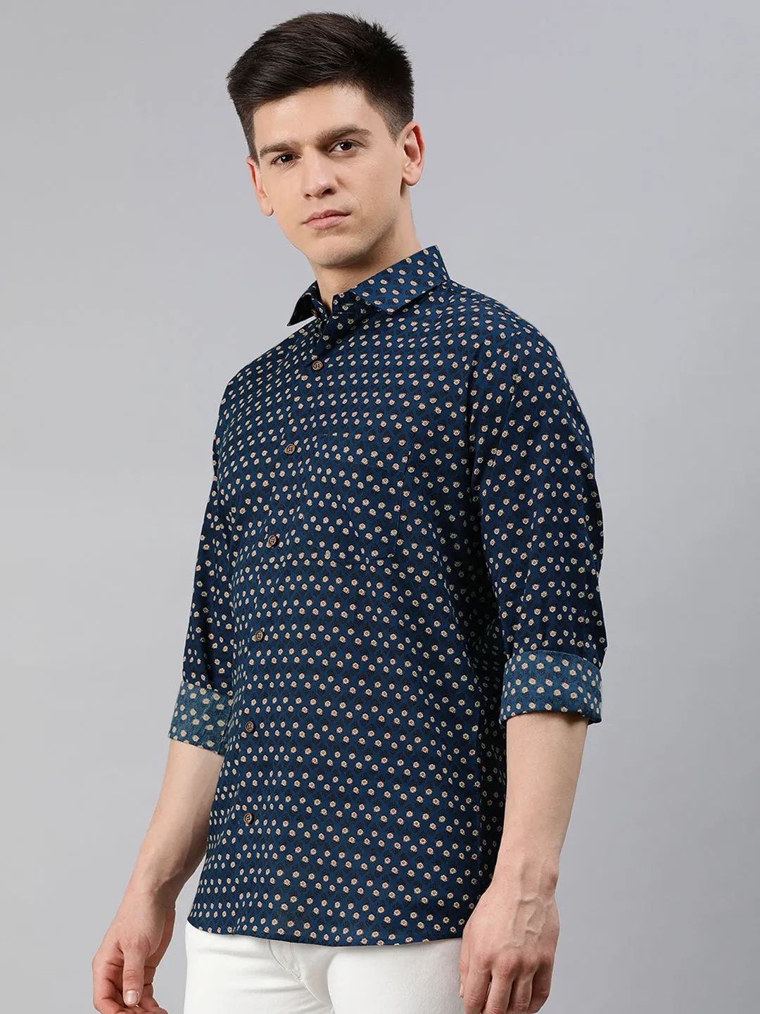 Men's Navy Blue Cotton Full Sleeves Shirts For Men - Taantav