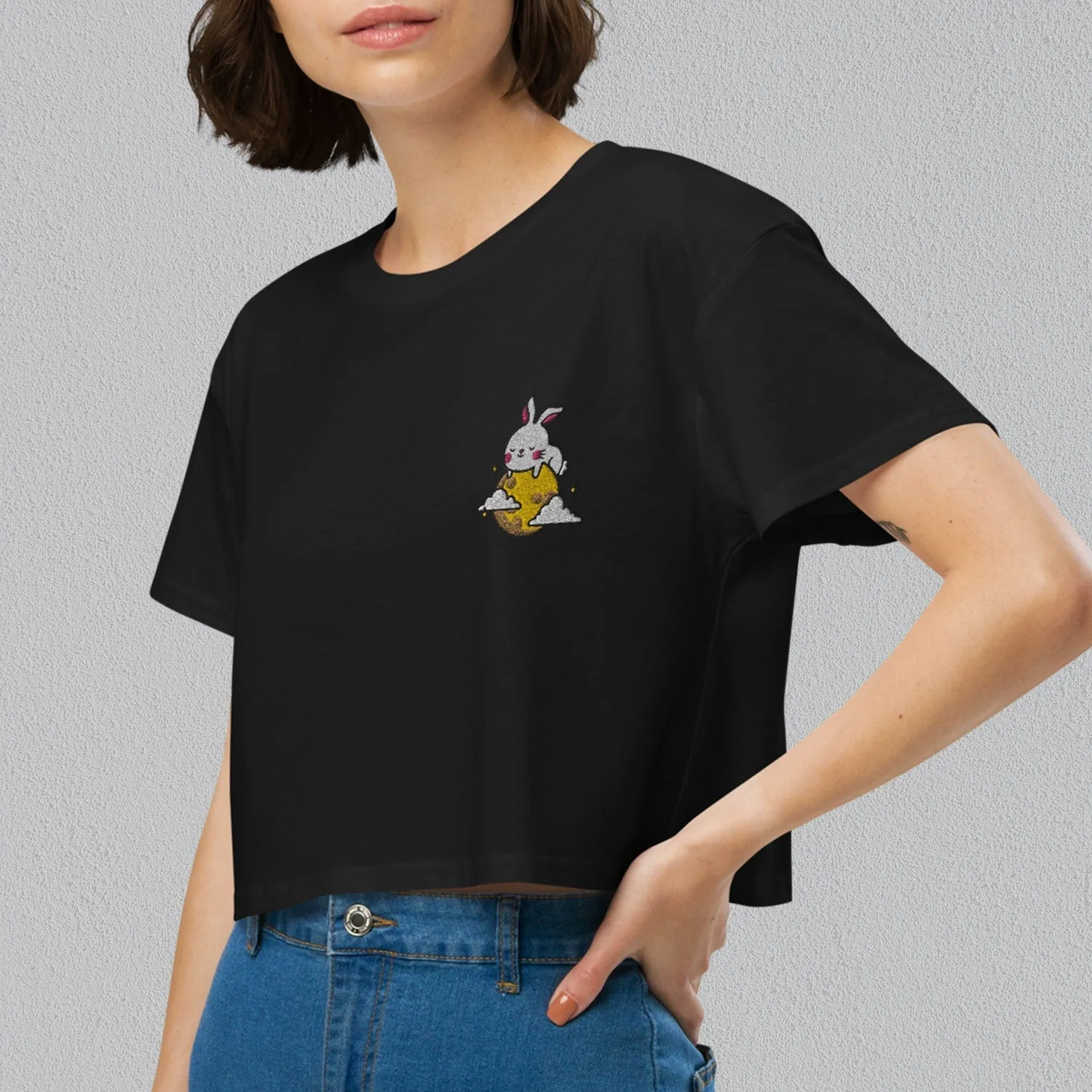 Moon Rabbit Embroidered Crop T-Shirt