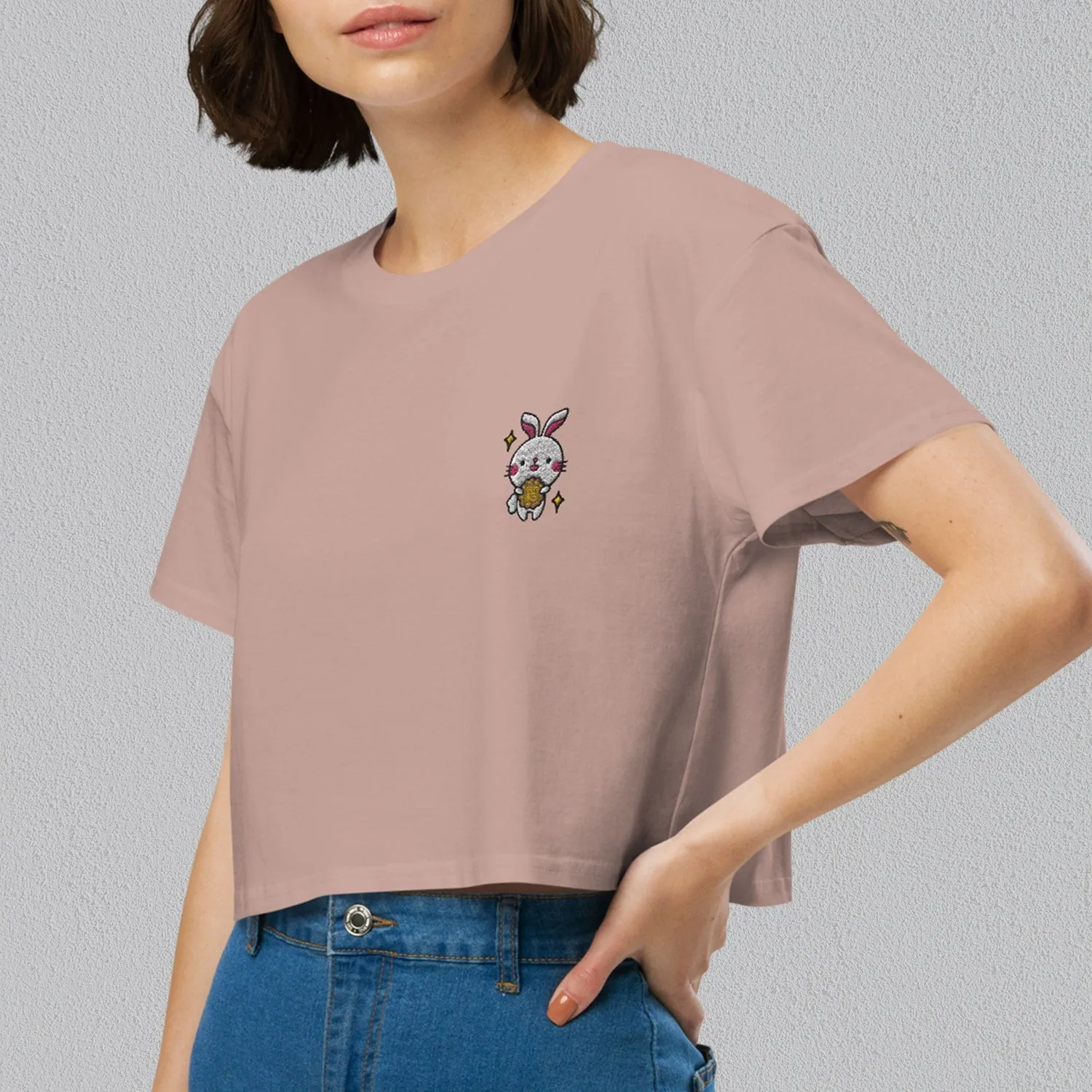 Mooncake Rabbit Embroidered Crop T-Shirt