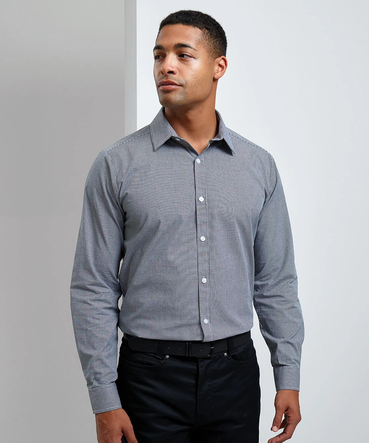 Navy/White - Microcheck (Gingham) long sleeve cotton shirt