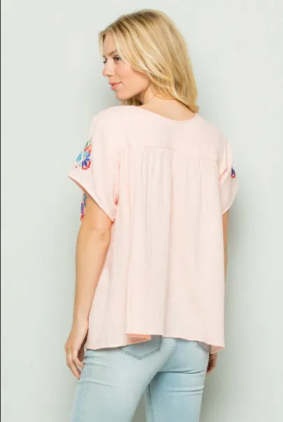 On the Border Embroidered Top, Pink