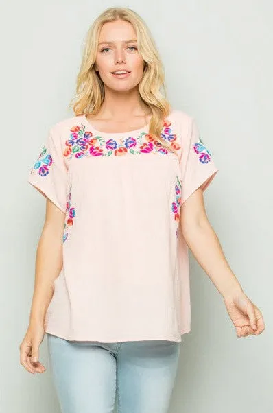 On the Border Embroidered Top, Pink