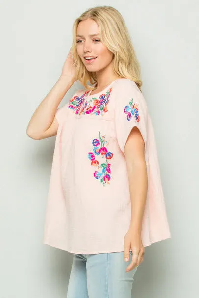 On the Border Embroidered Top, Pink