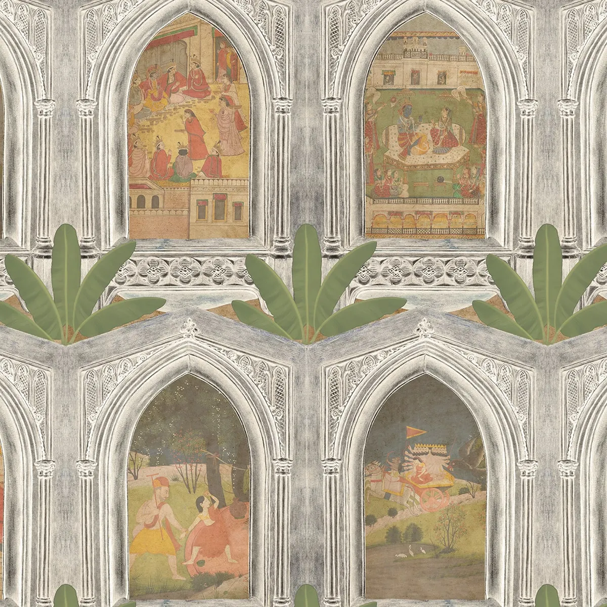 Ramayan: Divine Jharokha Vignettes, Antique Silver Wallpaper