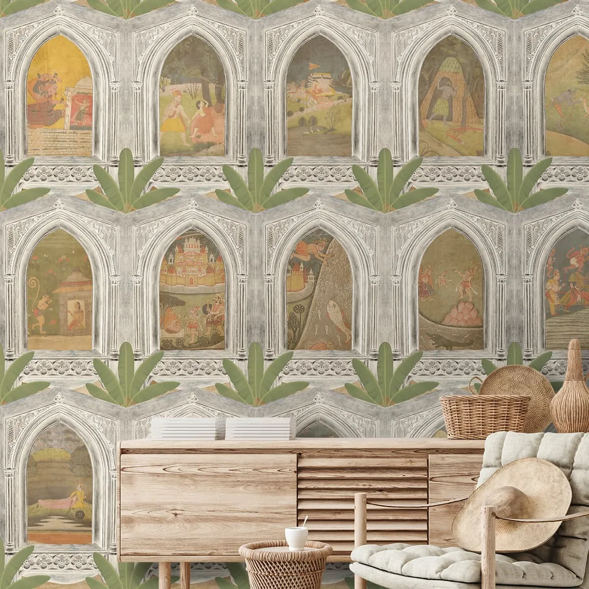 Ramayan: Divine Jharokha Vignettes, Antique Silver Wallpaper