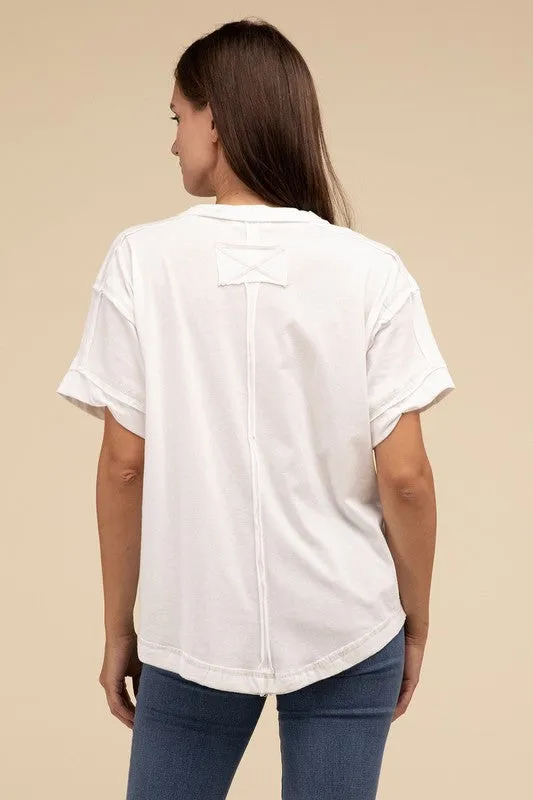 Raw Edge Detailed Button Closure Short Sleeve Top