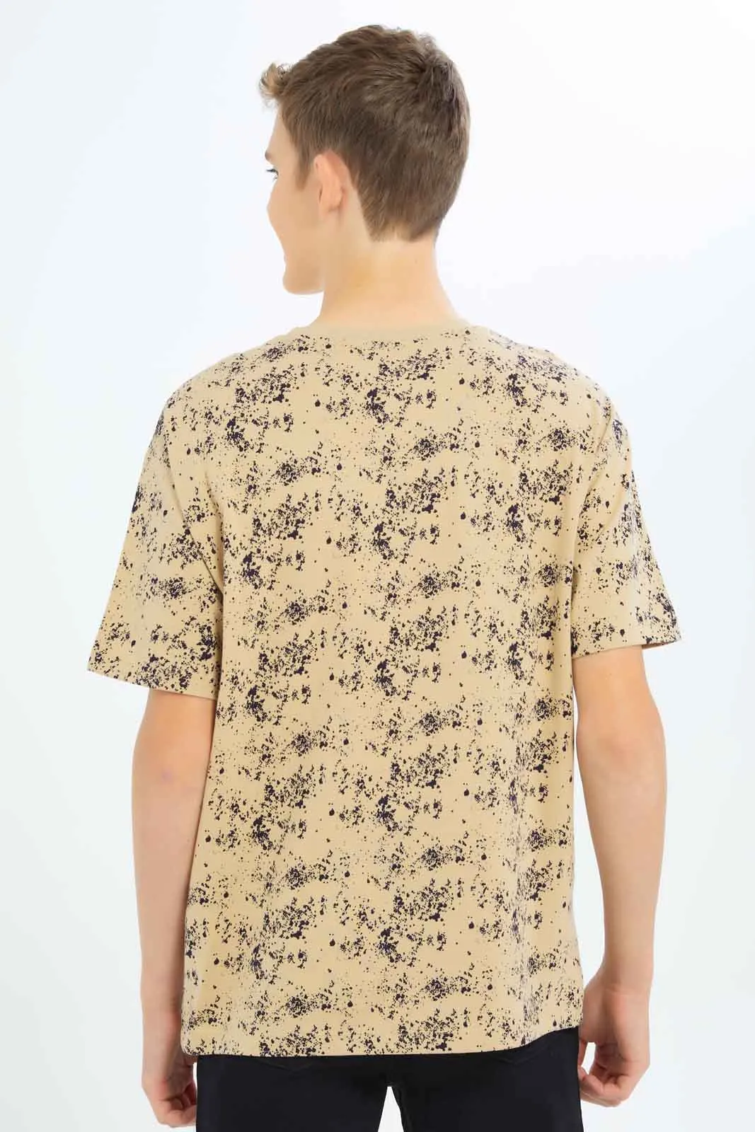 Senior Boys Beige Splatter Print Oversized T-Shirt