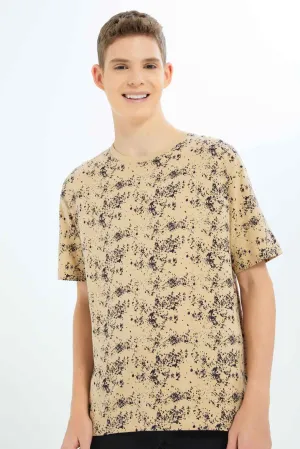 Senior Boys Beige Splatter Print Oversized T-Shirt