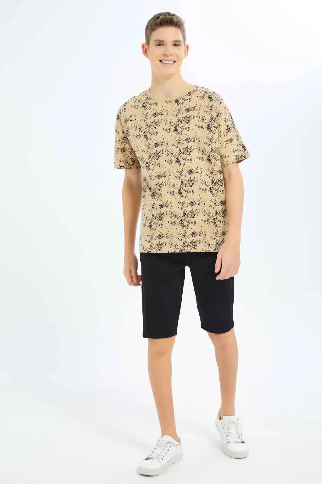 Senior Boys Beige Splatter Print Oversized T-Shirt