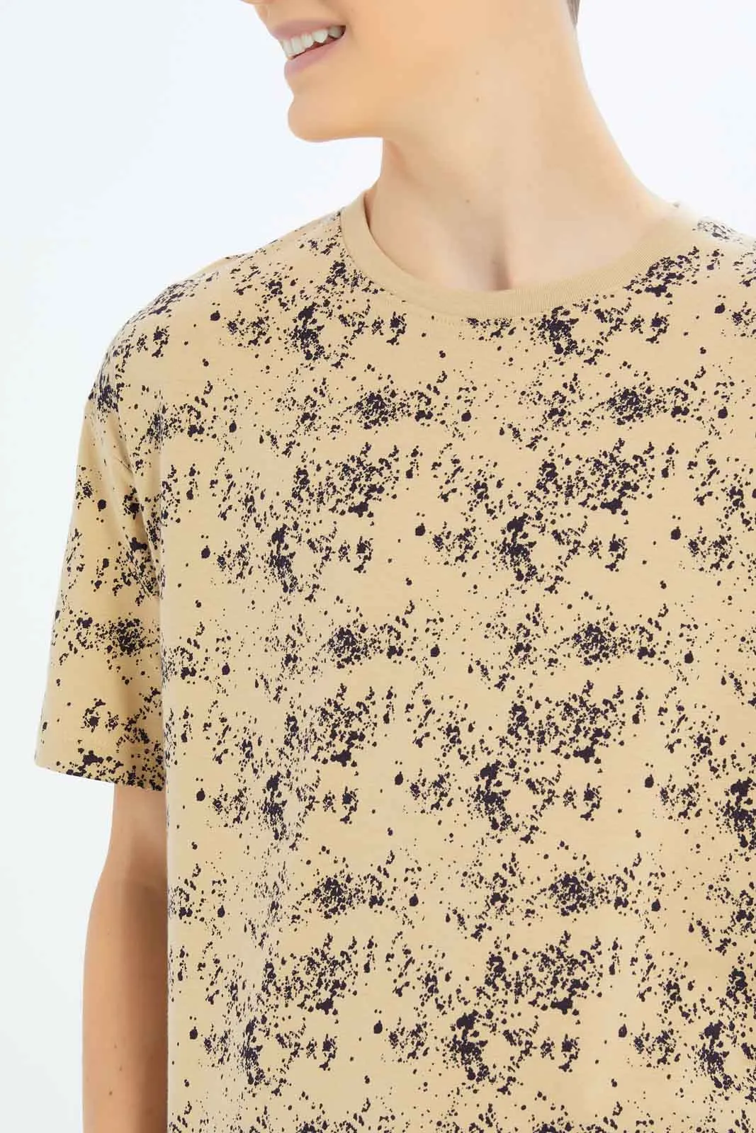 Senior Boys Beige Splatter Print Oversized T-Shirt