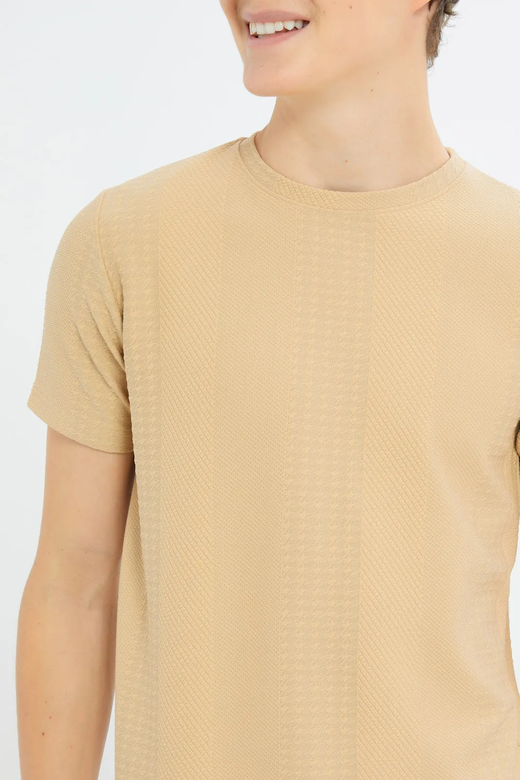 Senior Boys Beige Textured T-Shirt