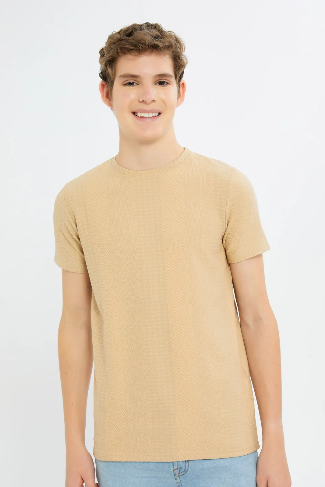 Senior Boys Beige Textured T-Shirt