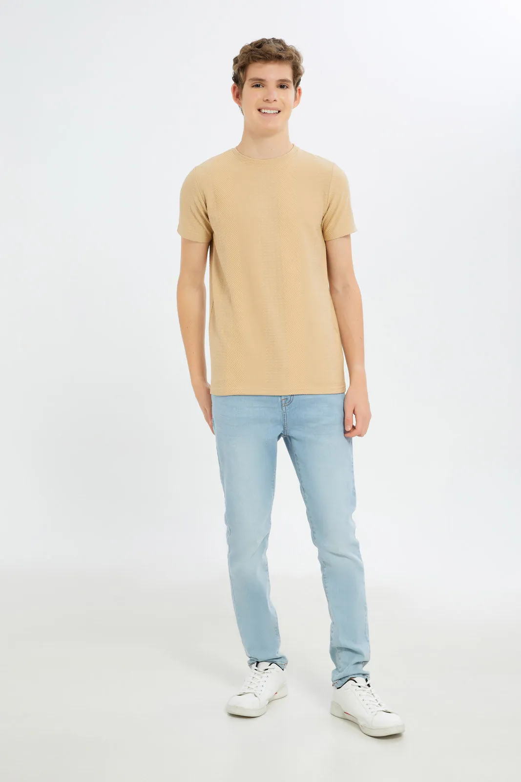 Senior Boys Beige Textured T-Shirt