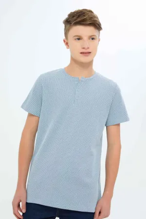 Senior Boys Blue Jacquard Henley T-Shirt