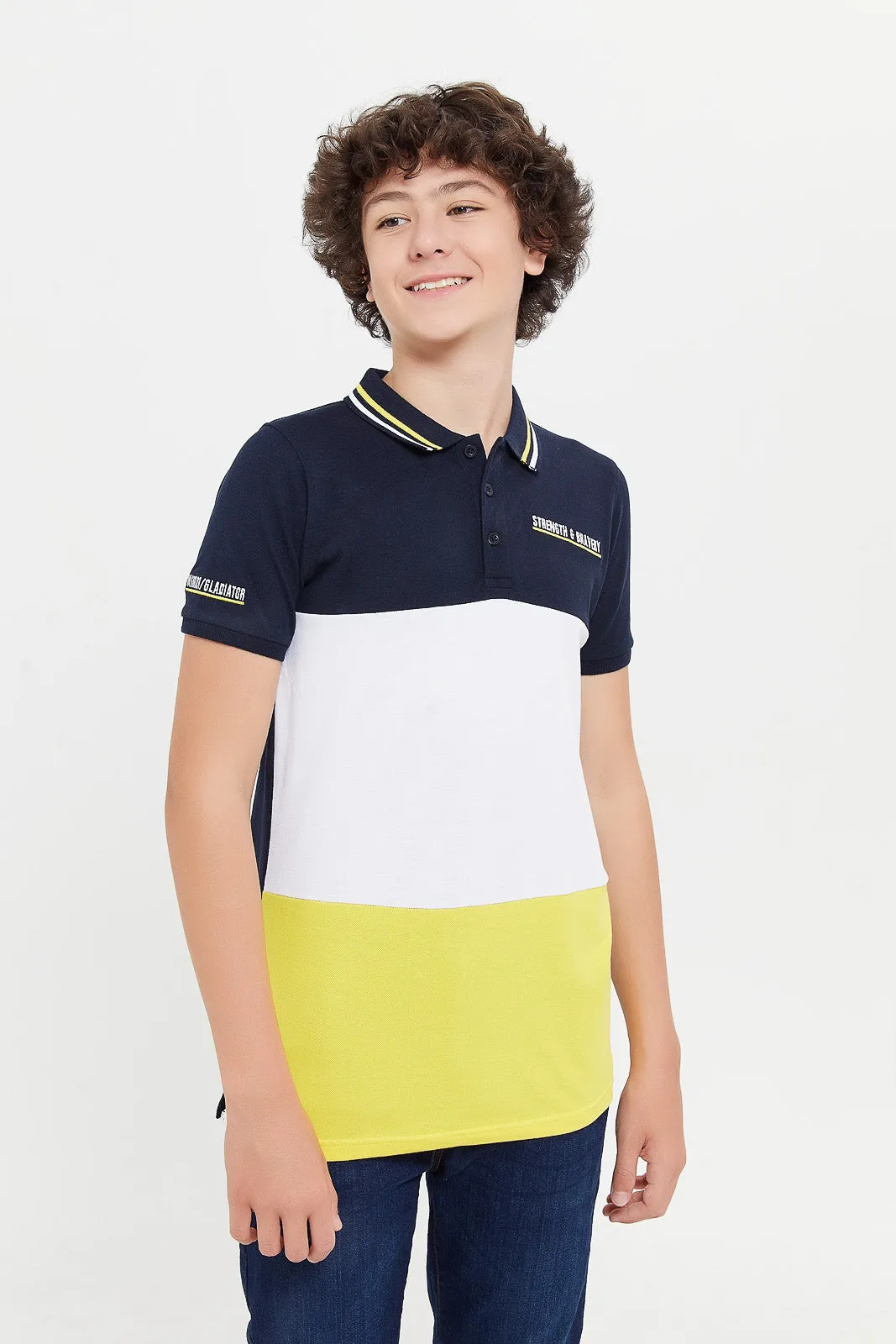 Senior Boys Navy And Yellow Colorblock Polo Shirt