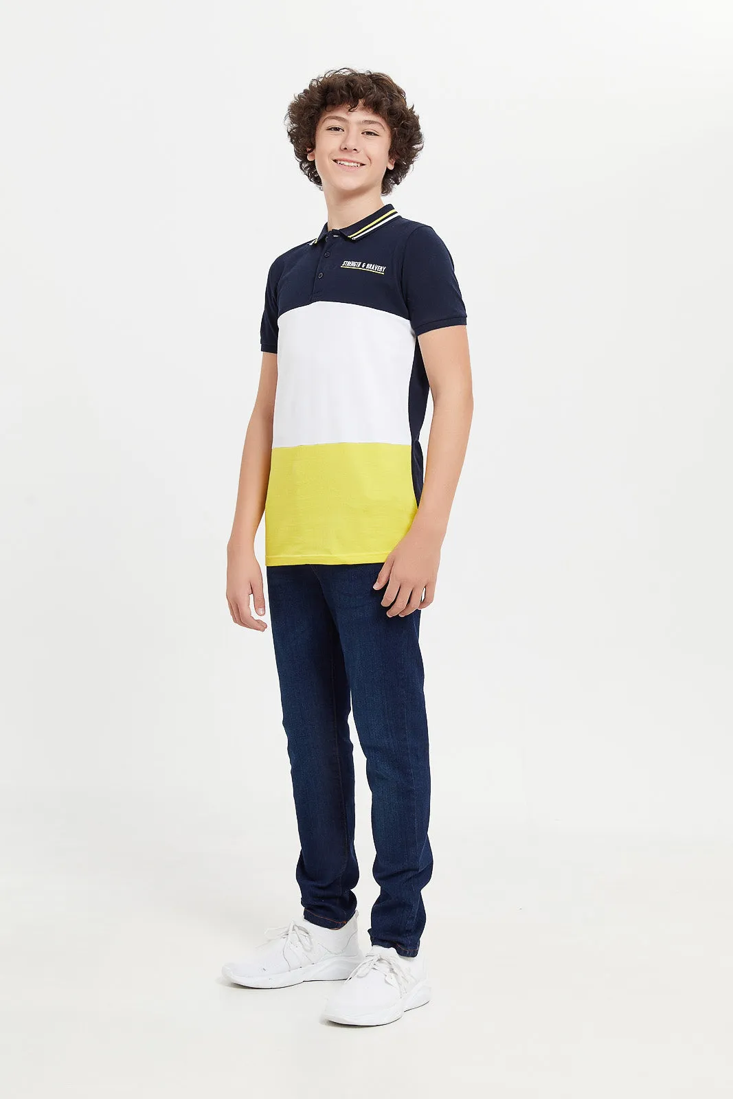 Senior Boys Navy And Yellow Colorblock Polo Shirt