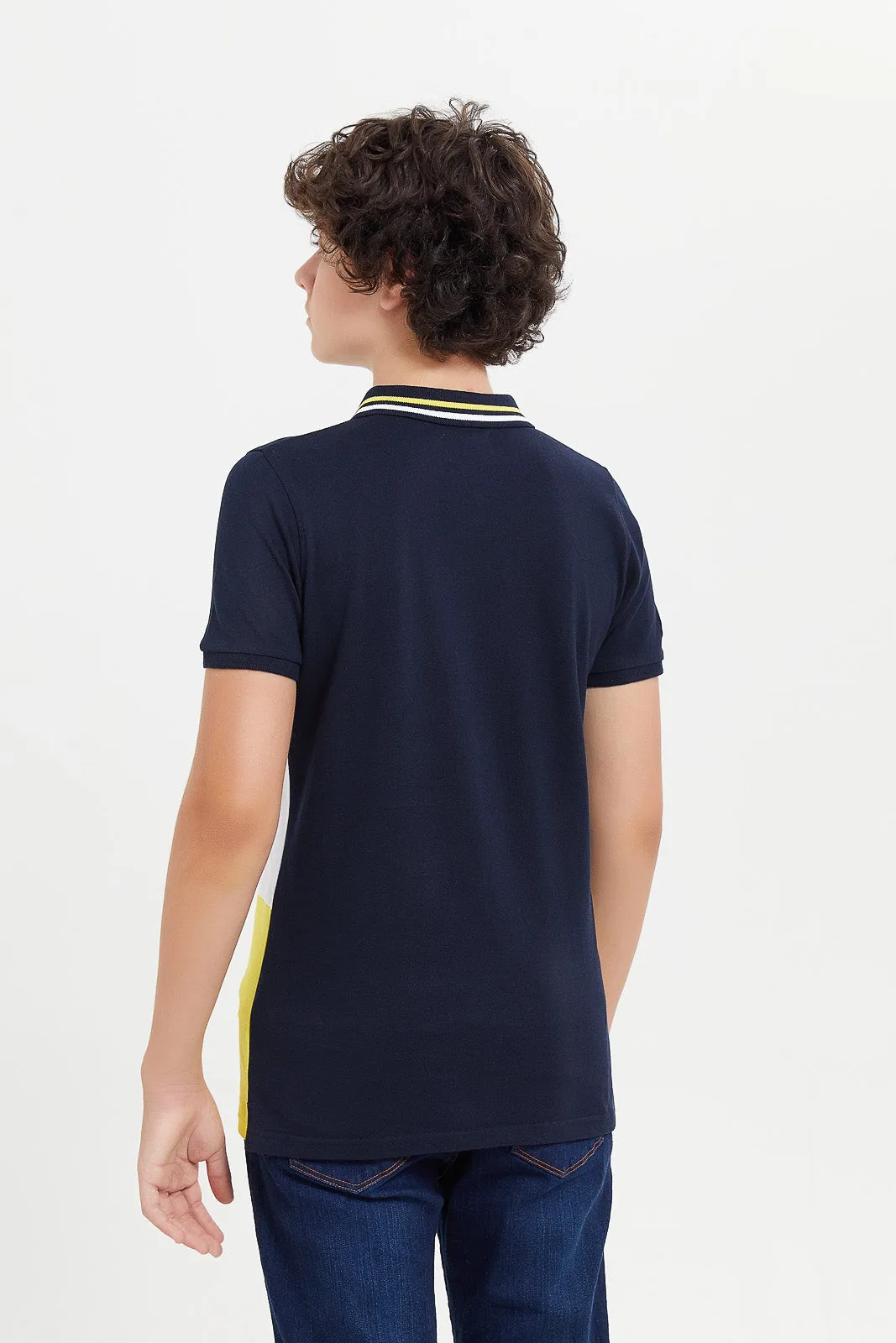 Senior Boys Navy And Yellow Colorblock Polo Shirt