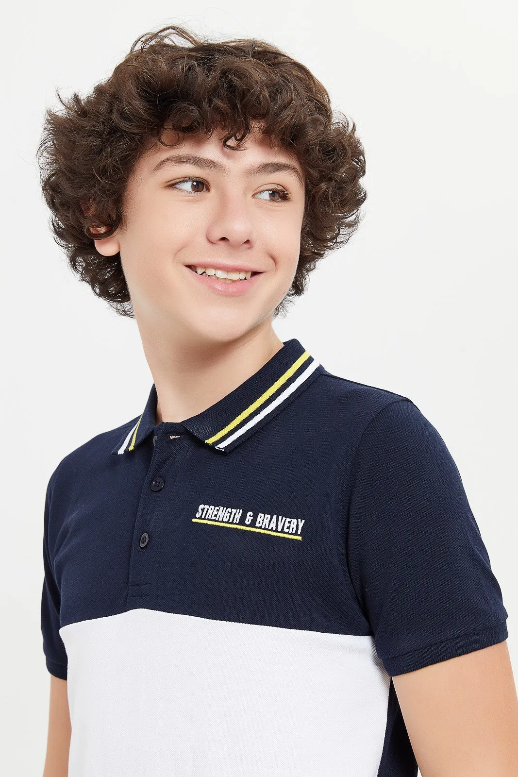 Senior Boys Navy And Yellow Colorblock Polo Shirt