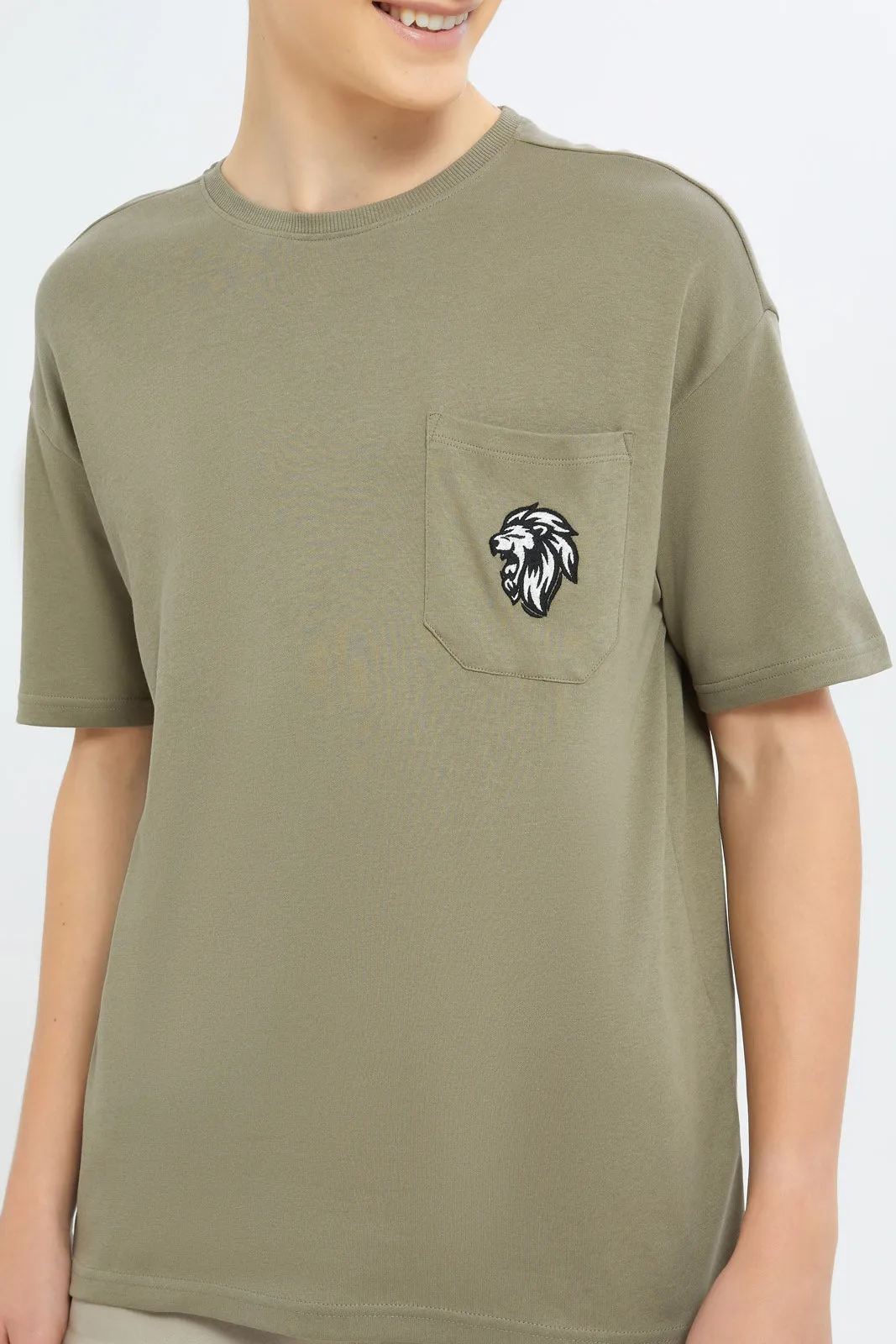 Senior Boys Olive Oversize Plain Pocket T-Shirt