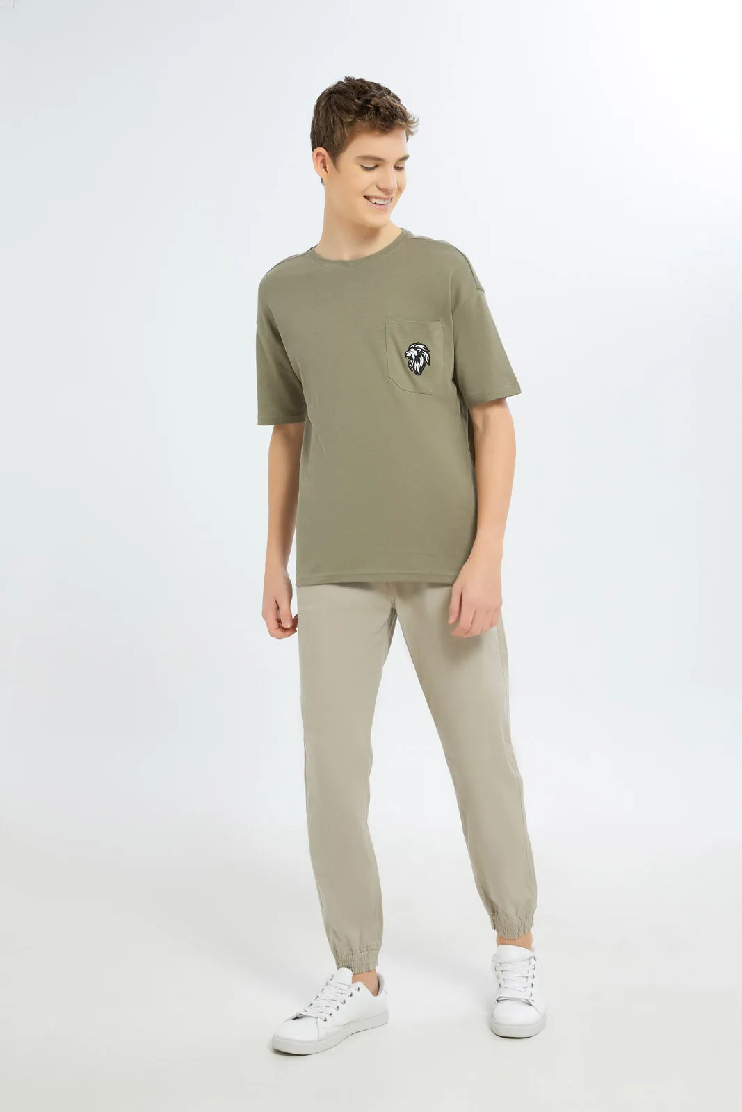 Senior Boys Olive Oversize Plain Pocket T-Shirt