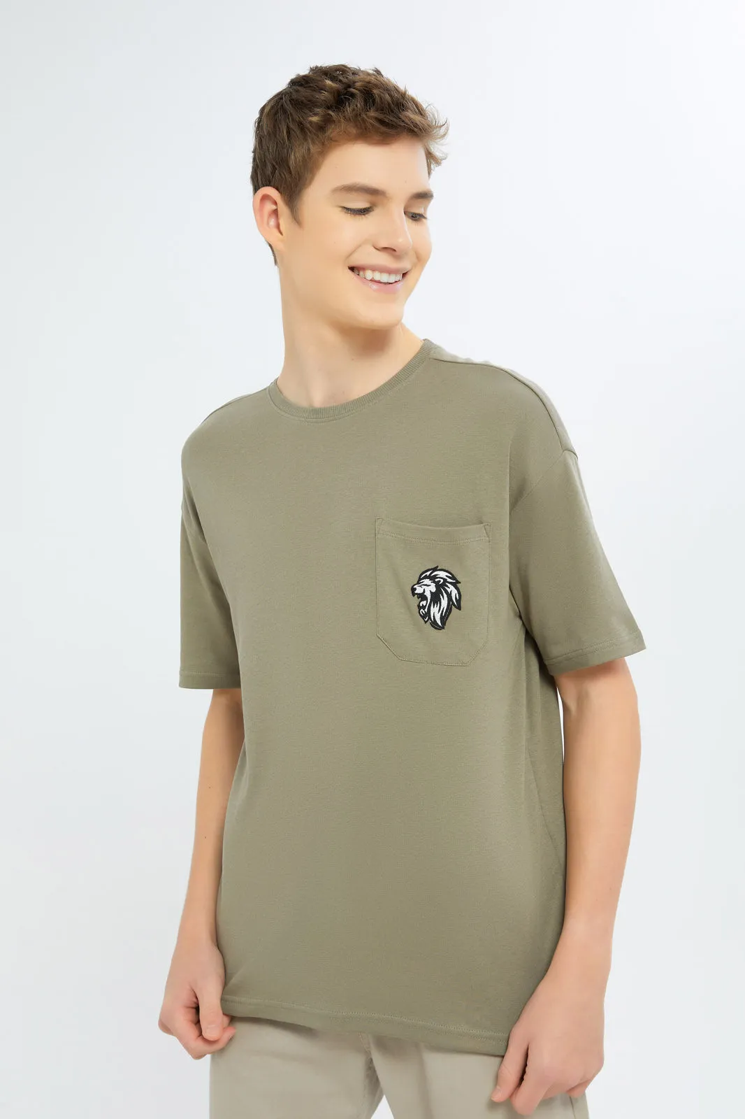 Senior Boys Olive Oversize Plain Pocket T-Shirt